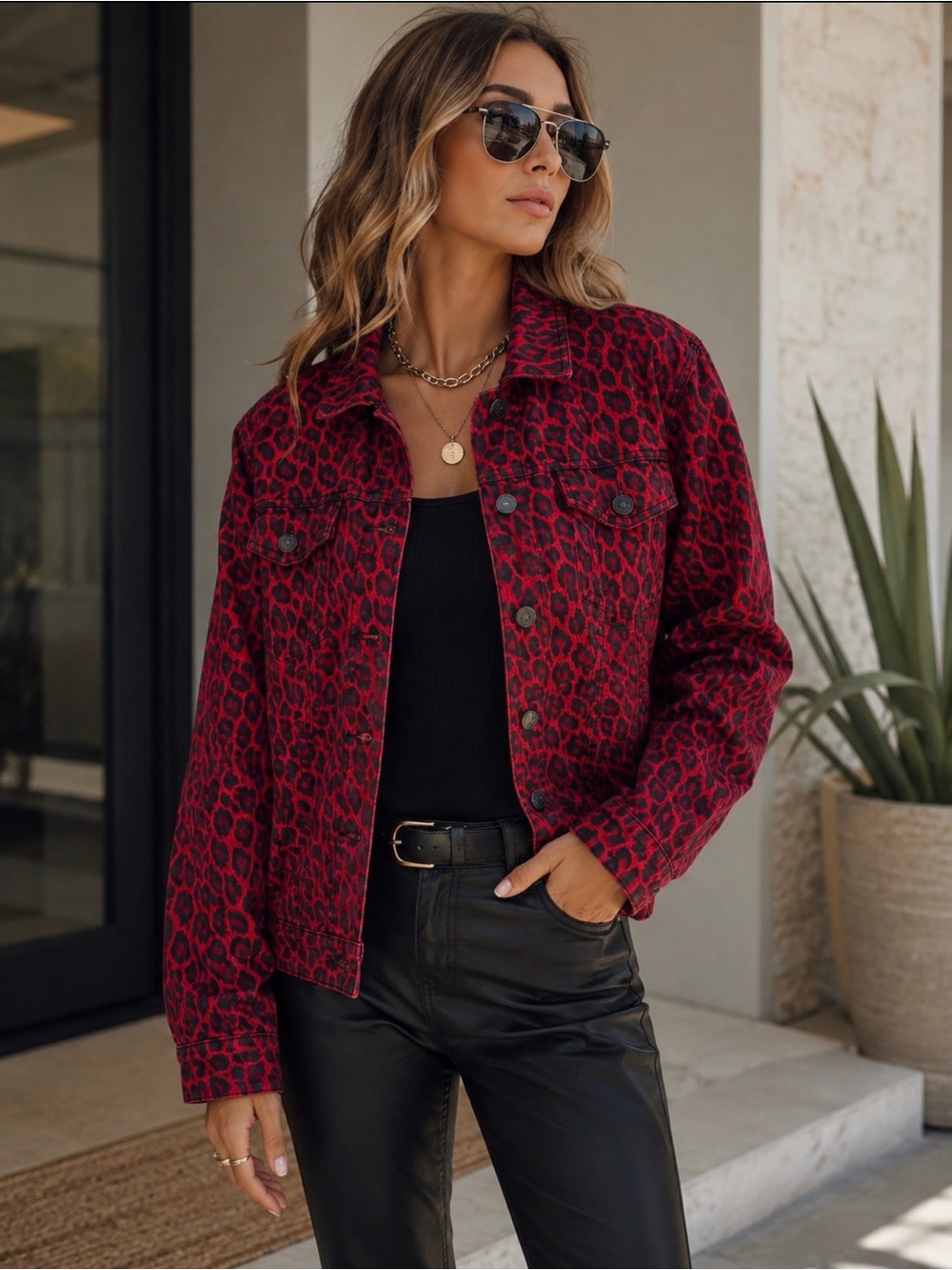 Victorious Red Black Leopard Print Stretch Denim Jacket XL Trucker